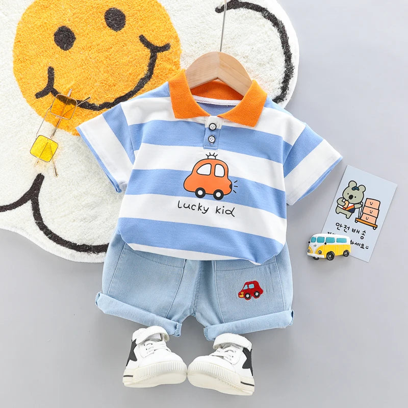 High-Quality Baby boys Polo Shirt + Handsome Denim Shorts 2-Piece
