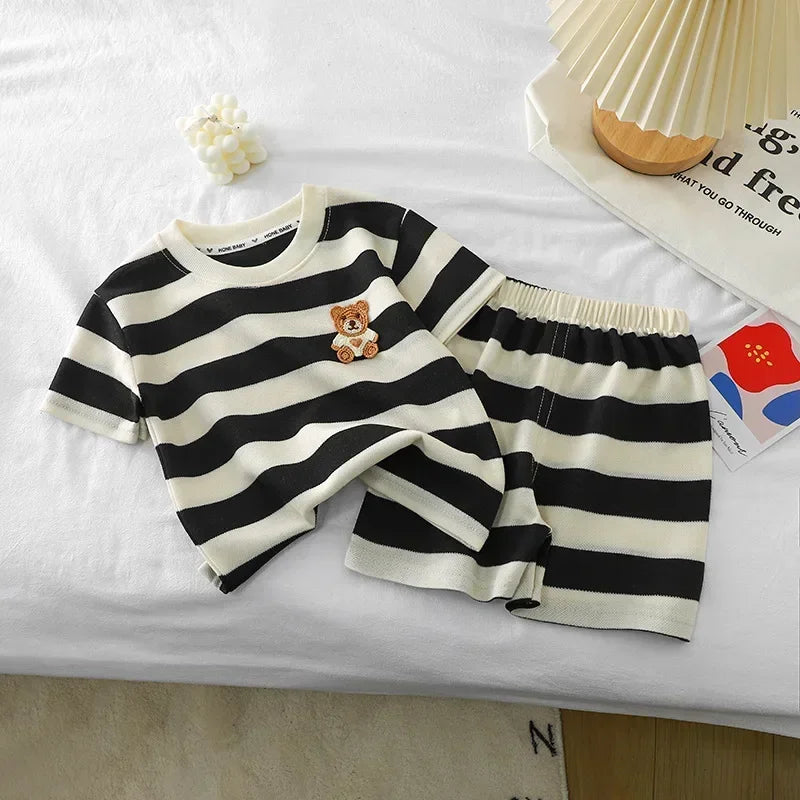 Short-sleeved Outfits Babies Girls Striped T-shirt Shorts Suit Toddler Boy Fashion Summer Costume New Casual Sports 2 Piece/Set