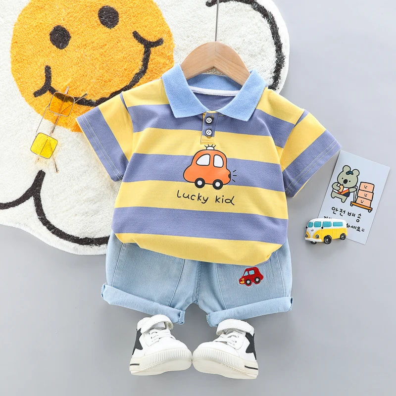 High-Quality Baby boys Polo Shirt + Handsome Denim Shorts 2-Piece