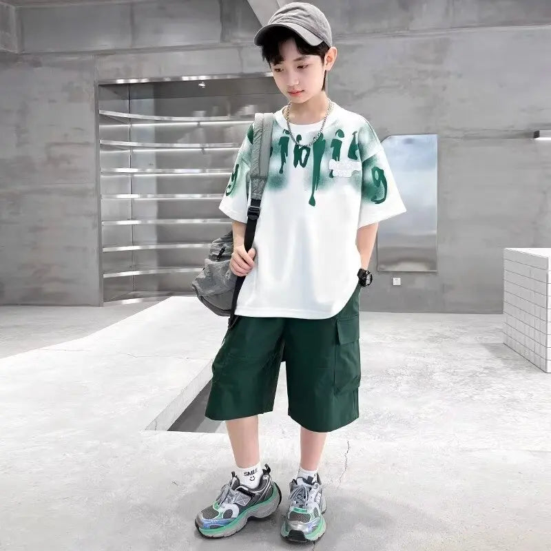 2025 New Boys Sports Short Suit Korean High Street Fashion