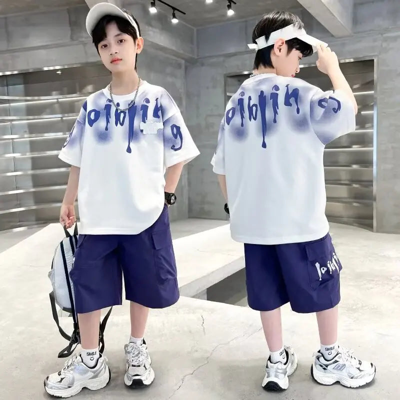 2025 New Boys Sports Short Suit Korean High Street Fashion