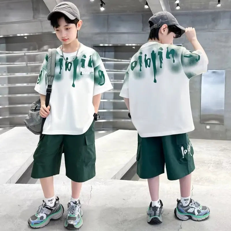 2025 New Boys Sports Short Suit Korean High Street Fashion