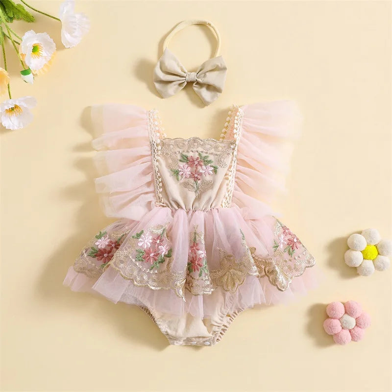 Embroidery Flower Fly Sleeve Romper with Bowknot Hairband