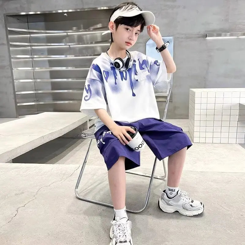 2025 New Boys Sports Short Suit Korean High Street Fashion