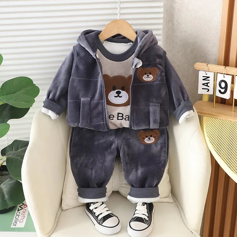 BORA cute baby boy sports outfits 1-4 years with bear hoodie and matching pants in gray