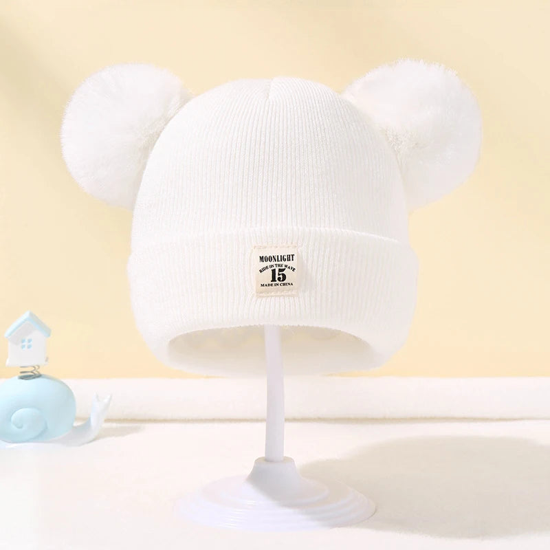 BORA Kids Pom Pom Hat in White with Fun Bear Ears for Stylish Winter Wear