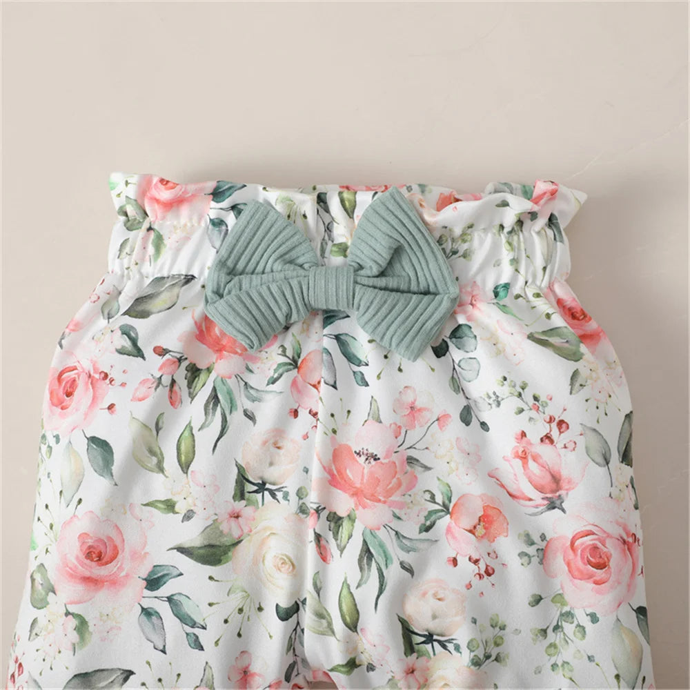 3PCS Baby Girl Clothes Set Long Sleeve Romper Top+Flowers Pant+Headband
