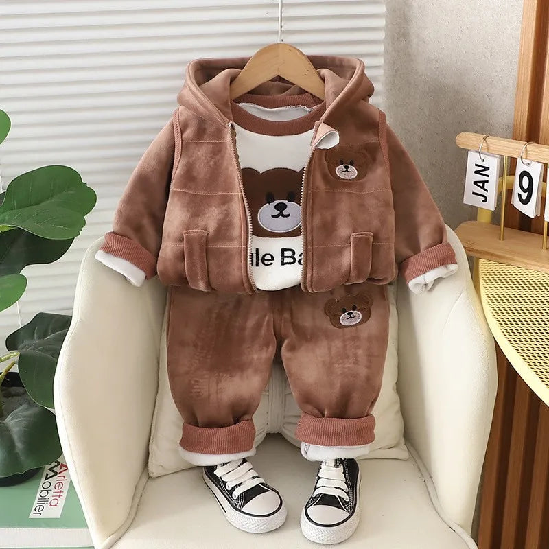 New Baby Boys Clothes Set Autumn Winter Thick Velvet Cartoon Bear Hooded Coat Sweater Pants 3Pc for 1-4 Years Kids Sprot Outfits