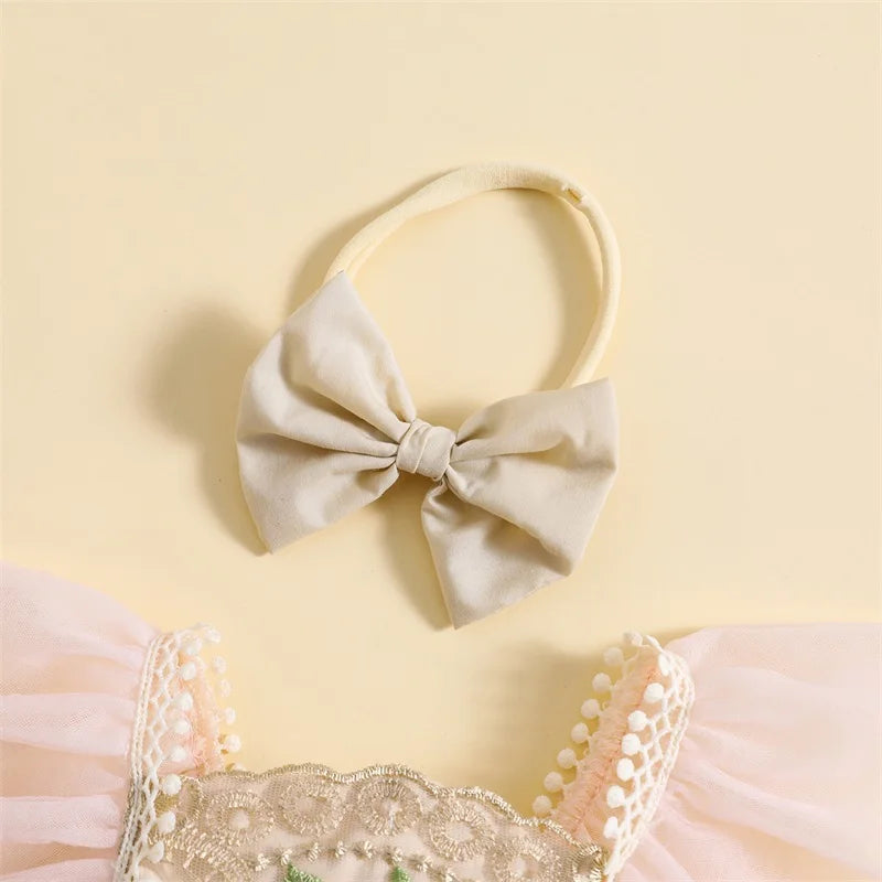 Embroidery Flower Fly Sleeve Romper with Bowknot Hairband