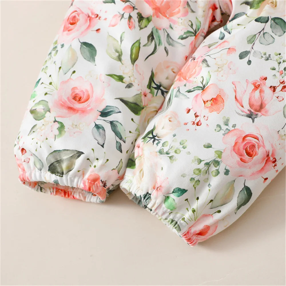 3PCS Baby Girl Clothes Set Long Sleeve Romper Top+Flowers Pant+Headband