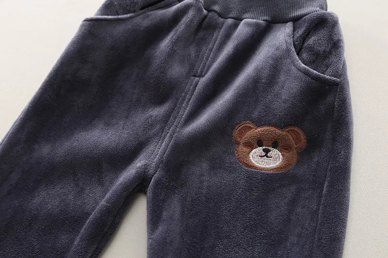 New Baby Boys Clothes Set Autumn Winter Thick Velvet Cartoon Bear Hooded Coat Sweater Pants 3Pc for 1-4 Years Kids Sprot Outfits