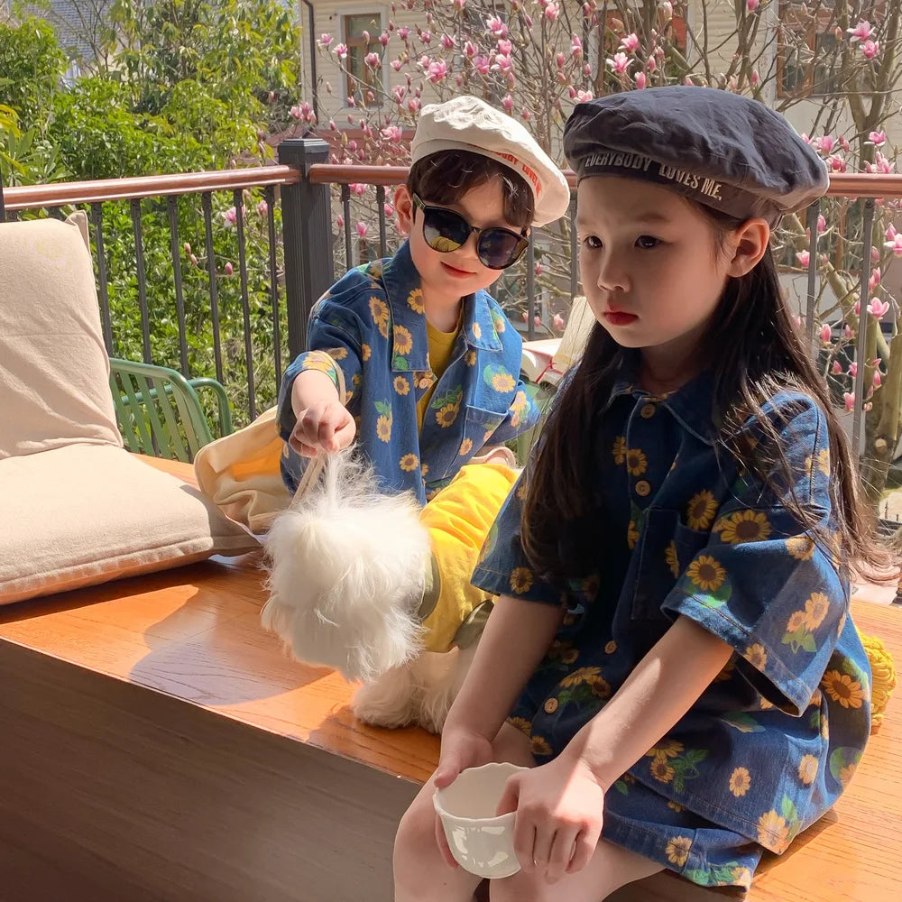 Girls Boys Casual Summer Print Flower Jeans Suit