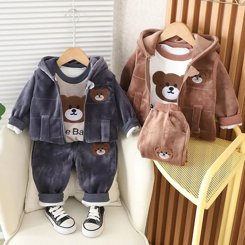 New Baby Boys Clothes Set Autumn Winter Thick Velvet Cartoon Bear Hooded Coat Sweater Pants 3Pc for 1-4 Years Kids Sprot Outfits