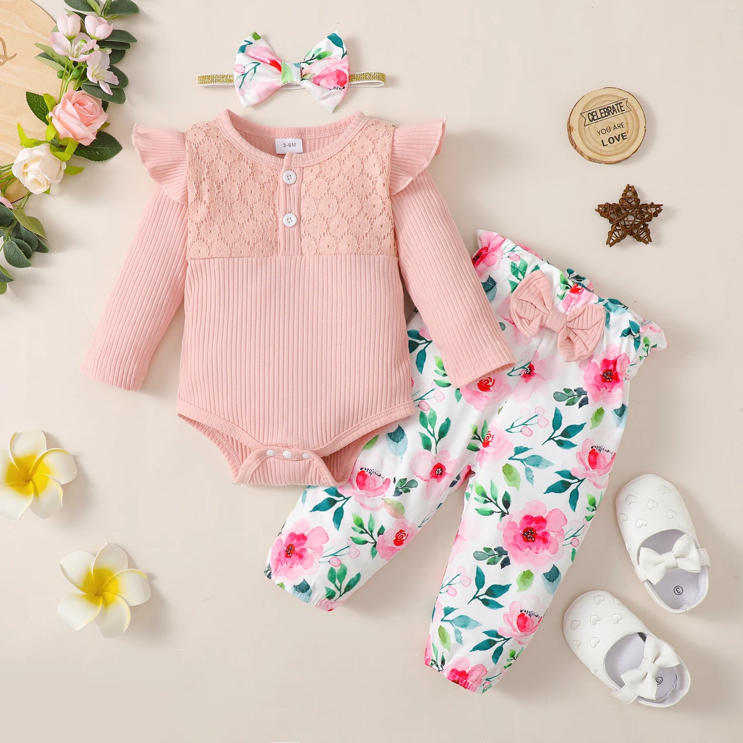 3PCS Baby Girl Clothes Set Long Sleeve Romper Top+Flowers Pant+Headband