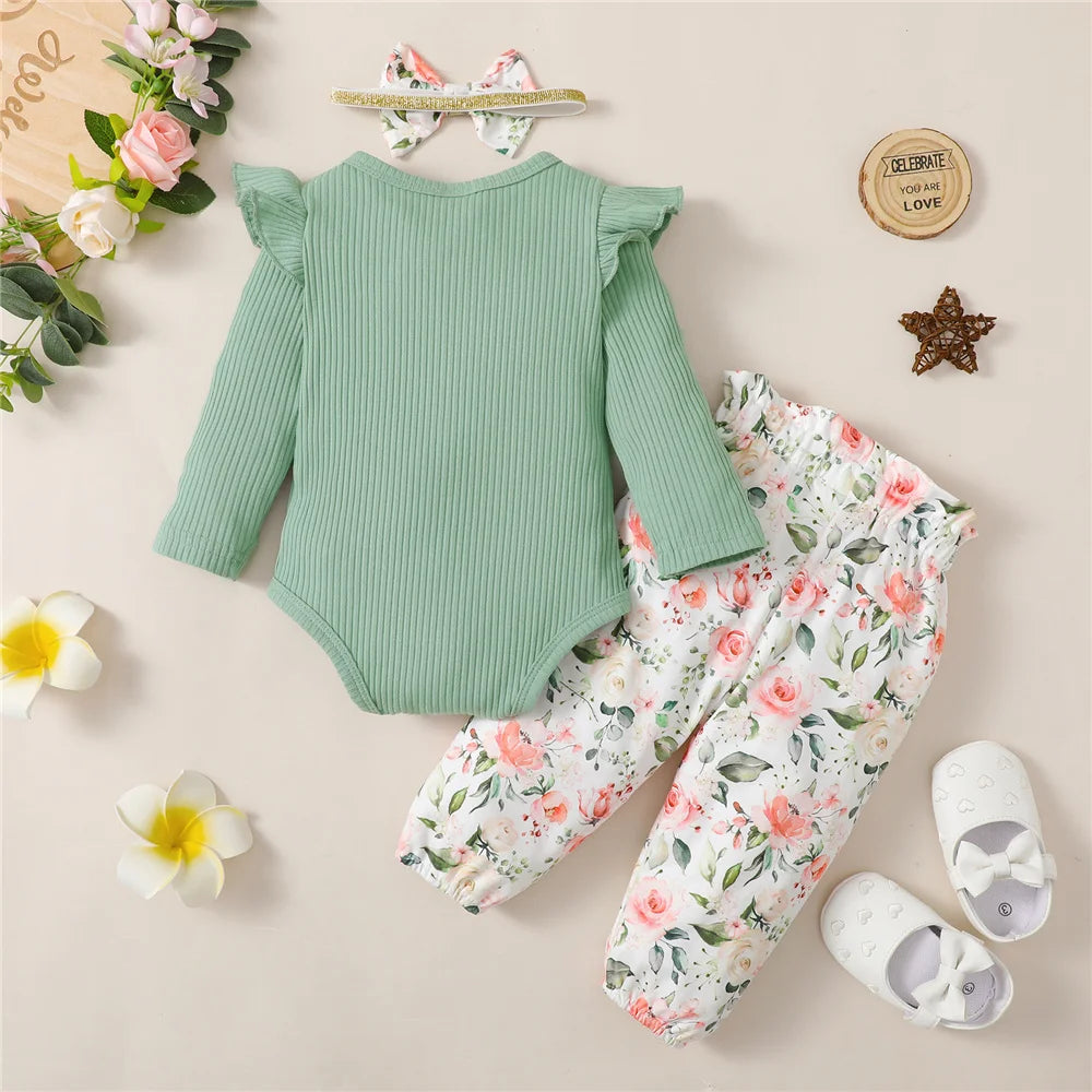 3PCS Baby Girl Clothes Set Long Sleeve Romper Top+Flowers Pant+Headband