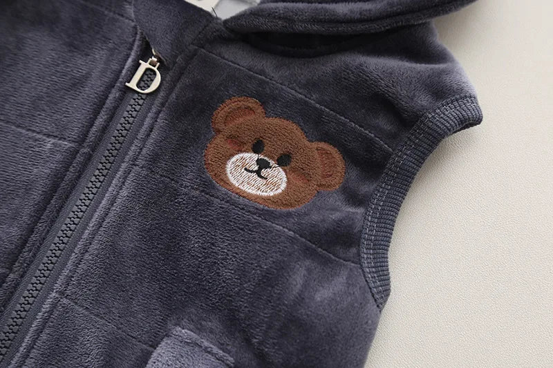 New Baby Boys Clothes Set Autumn Winter Thick Velvet Cartoon Bear Hooded Coat Sweater Pants 3Pc for 1-4 Years Kids Sprot Outfits