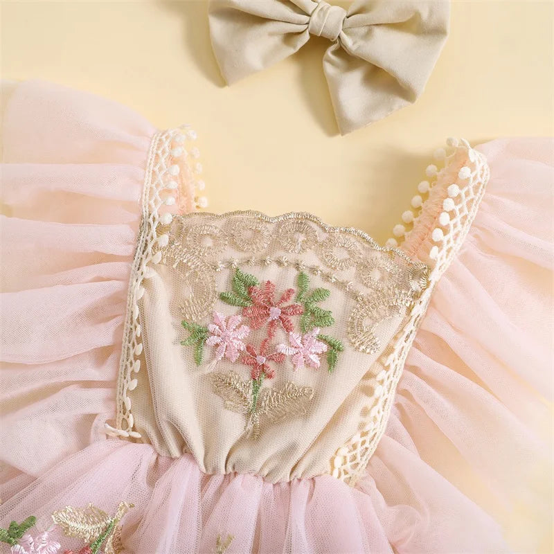 Embroidery Flower Fly Sleeve Romper with Bowknot Hairband