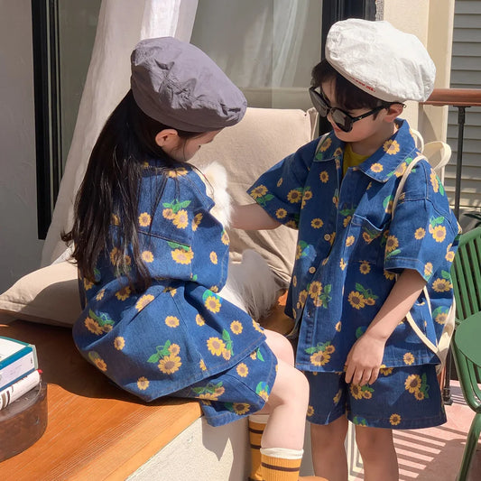 Girls Boys Casual Summer Print Flower Jeans Suit