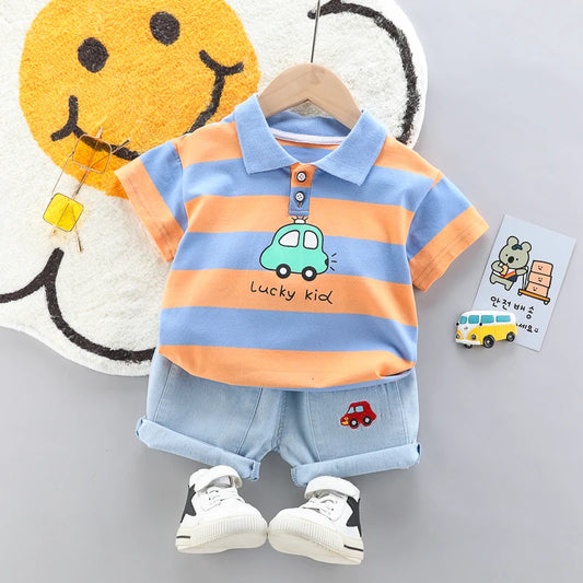 High-Quality Baby boys Polo Shirt + Handsome Denim Shorts 2-Piece