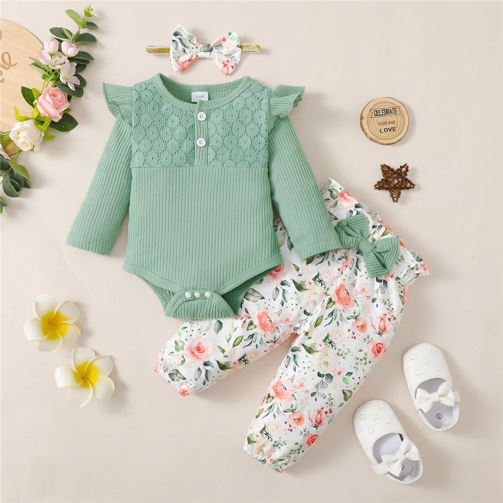 3PCS Baby Girl Clothes Set Long Sleeve Romper Top+Flowers Pant+Headband