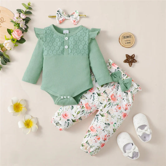 3PCS Baby Girl Clothes Set Long Sleeve Romper Top+Flowers Pant+Headband