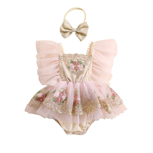 Embroidery Flower Fly Sleeve Romper with Bowknot Hairband