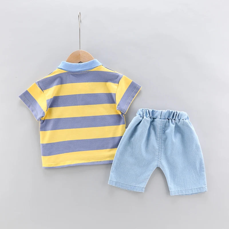 High-Quality Baby boys Polo Shirt + Handsome Denim Shorts 2-Piece