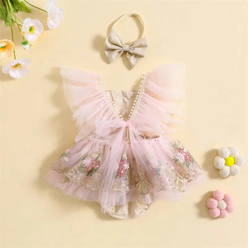 Embroidery Flower Fly Sleeve Romper with Bowknot Hairband