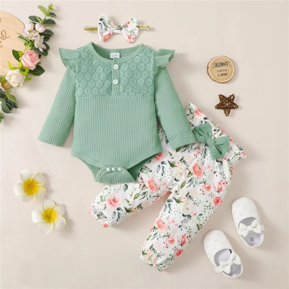 3PCS Baby Girl Clothes Set Long Sleeve Romper Top+Flowers Pant+Headband