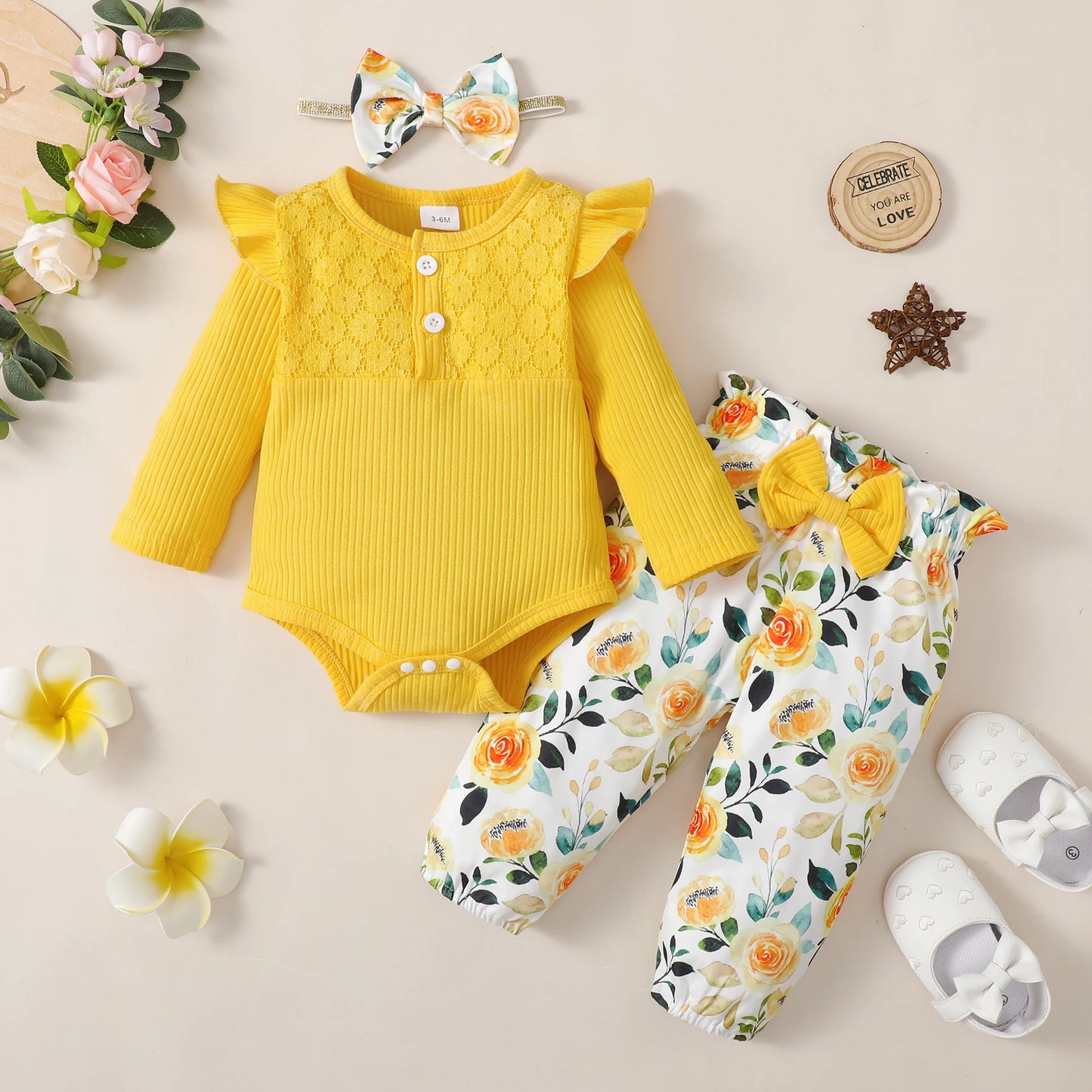 3PCS Baby Girl Clothes Set Long Sleeve Romper Top+Flowers Pant+Headband