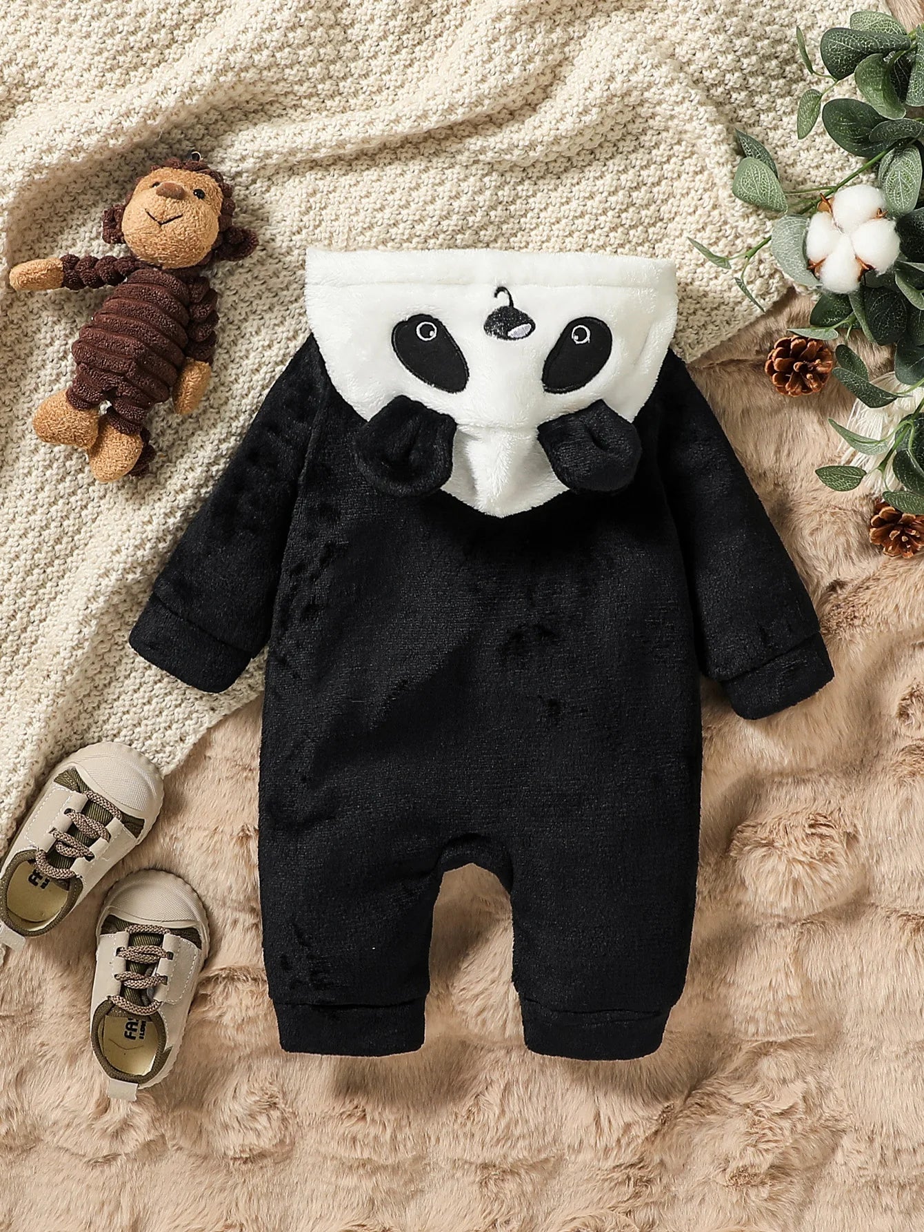 Cute Autumn/Winter Long Sleeve Cartoon Plush Hooded Jumpsuit