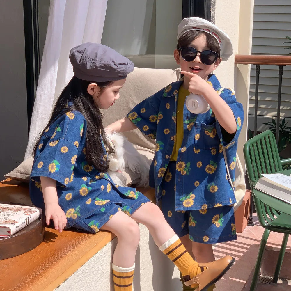 Girls Boys Casual Summer Print Flower Jeans Suit