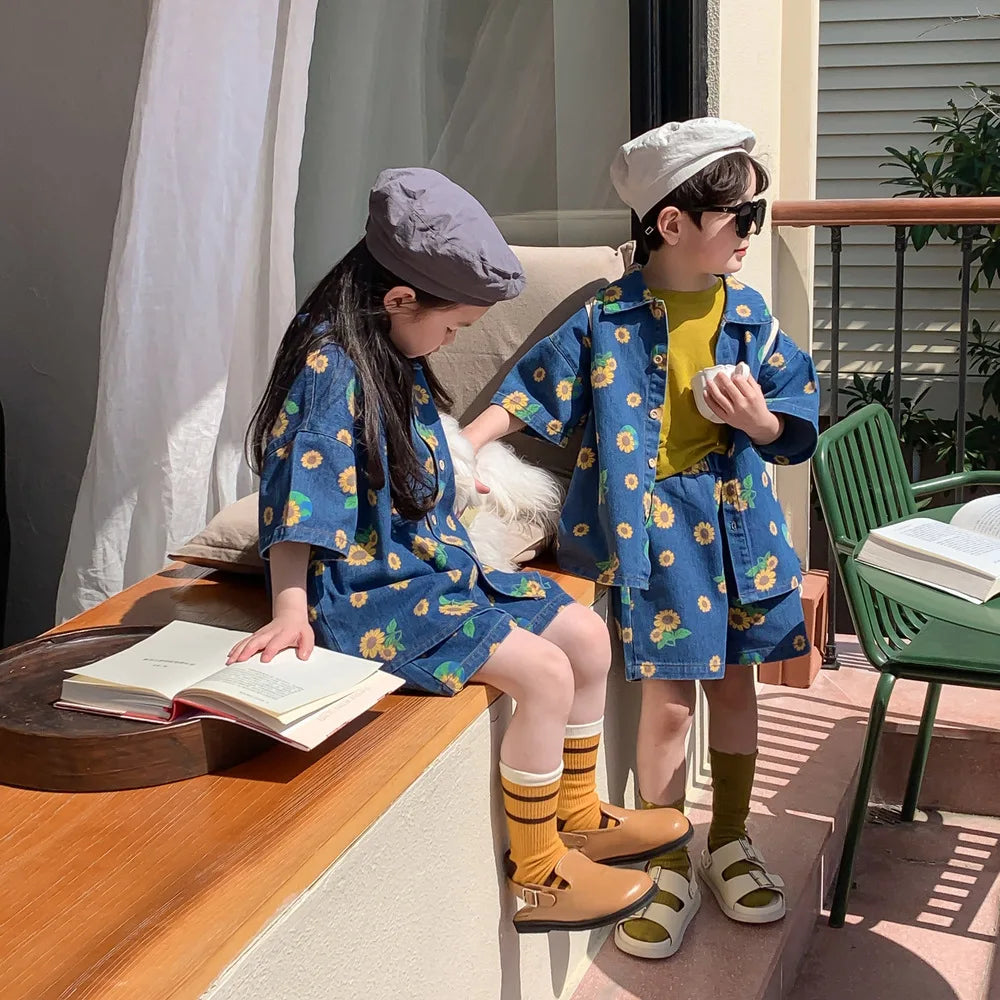 Girls Boys Casual Summer Print Flower Jeans Suit
