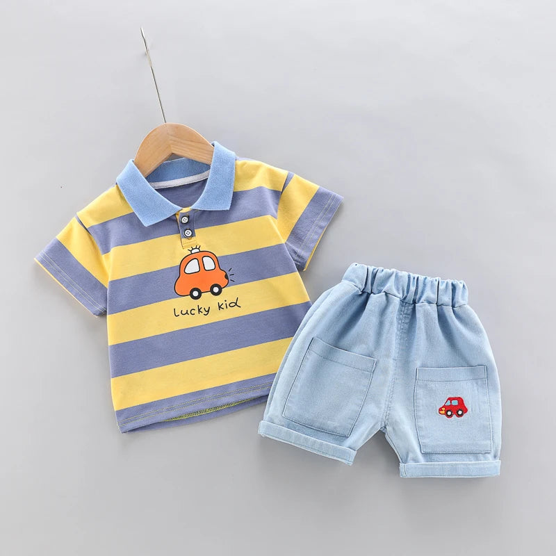 High-Quality Baby boys Polo Shirt + Handsome Denim Shorts 2-Piece