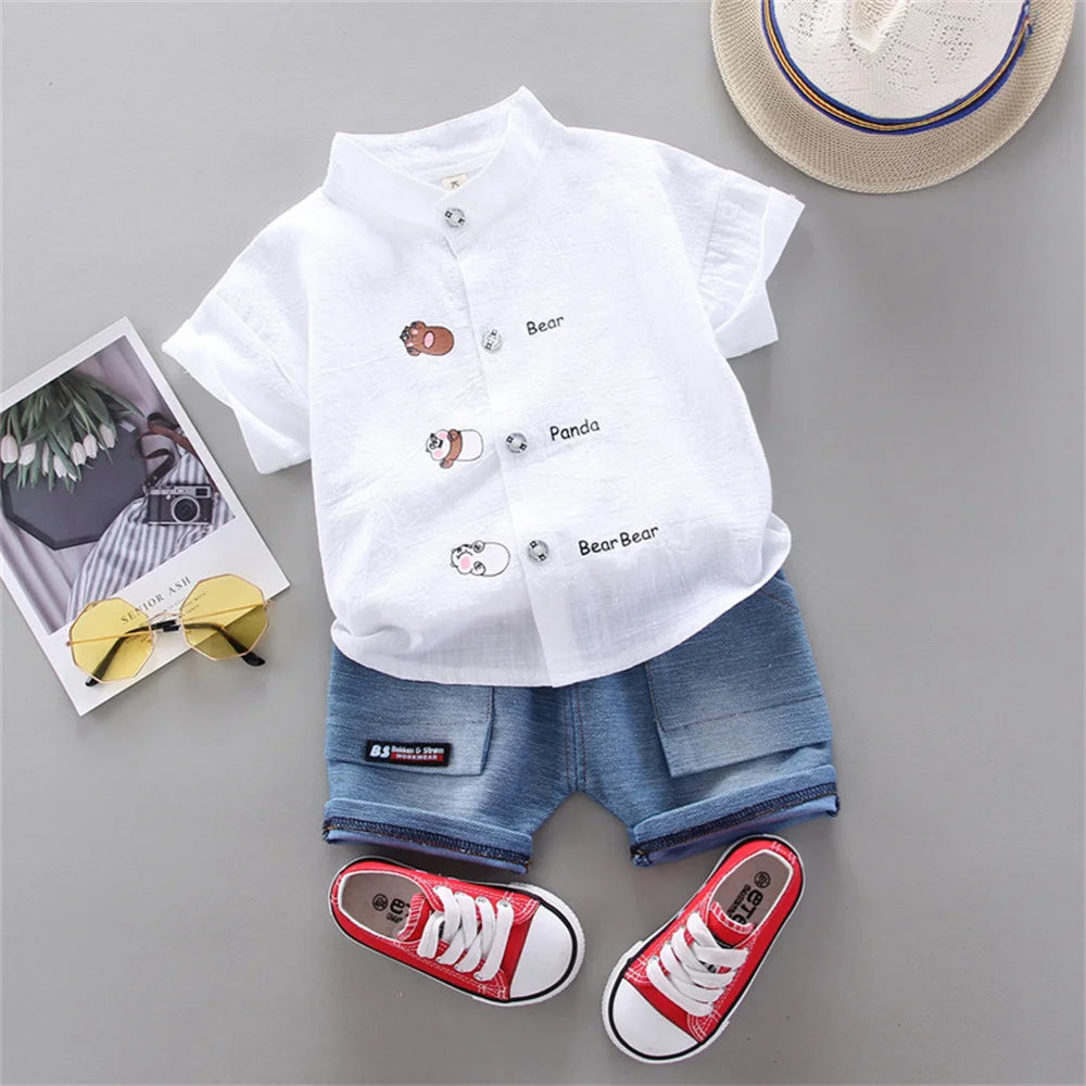 2PCS Baby Summer Fashion Set with Small Animal Prints and Denim Shorts for Stylish Kids