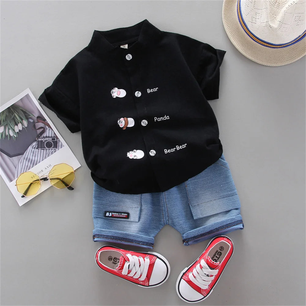 Baby summer fashion set with small animal letter printing, featuring a short sleeve shirt and denim shorts