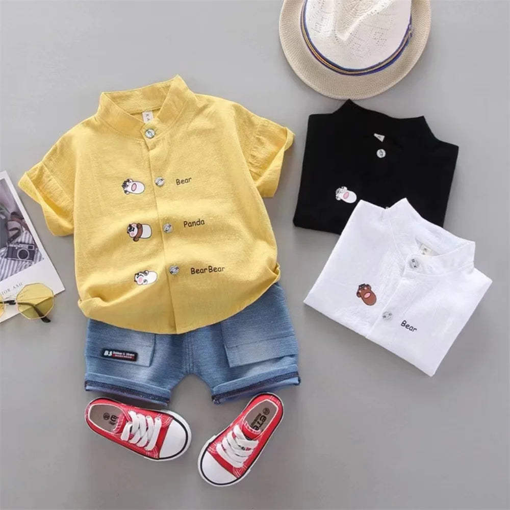 2PCS baby summer fashion set featuring cute animal print short sleeve shirts and denim shorts