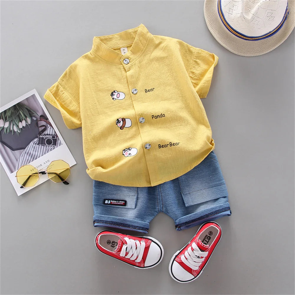 2PCS Baby Summer Fashion Set with Small Animal Print Shirt and Denim Shorts for Cute Summer Outfits