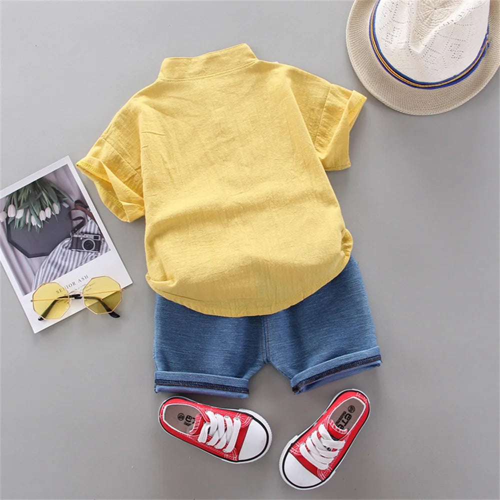2PCS Baby Summer Fashion Set with Short Sleeve Yellow Shirt and Denim Shorts for Stylish Infants