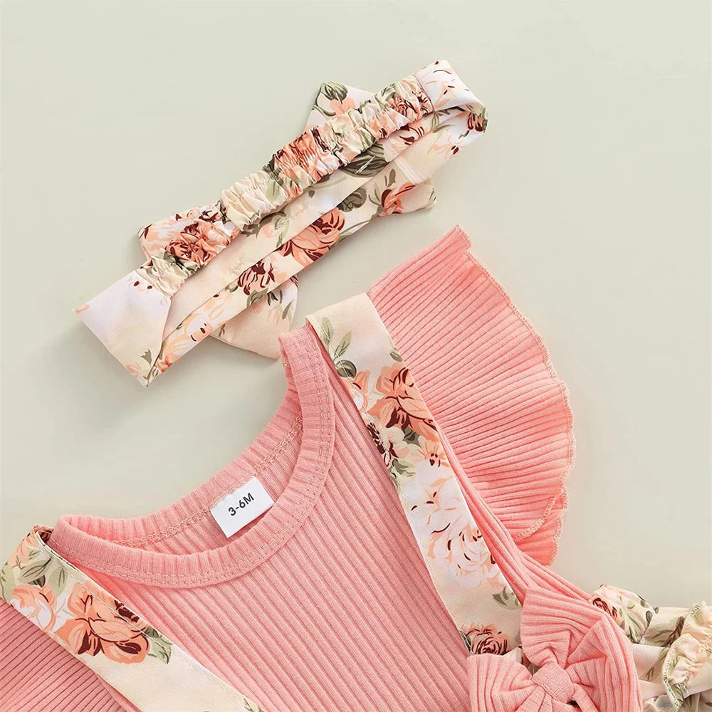 Pink cotton baby girl dresses with ruffle sleeves and floral accents for summer occasions
