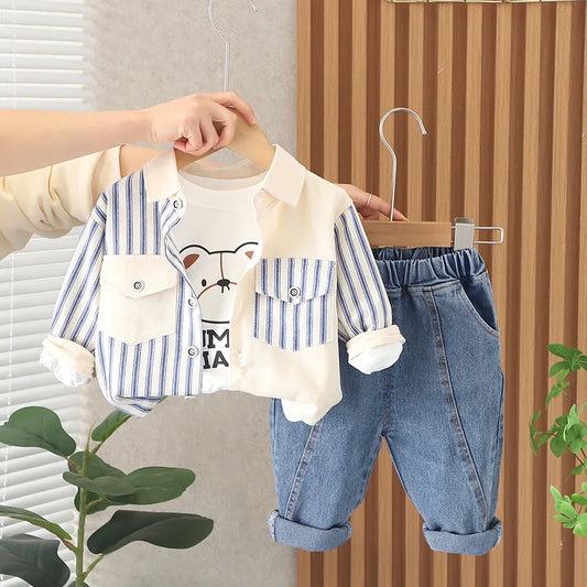 Spring Autumn Baby Boy Clothes with Striped Long Sleeve Shirt and Jeans for boys 1 to 5 years, perfect for back to school.