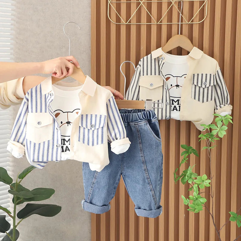 Spring Autumn outfit for boys 1 to 5 years with striped long sleeve shirt and jeans for boys 1 to 5 years
