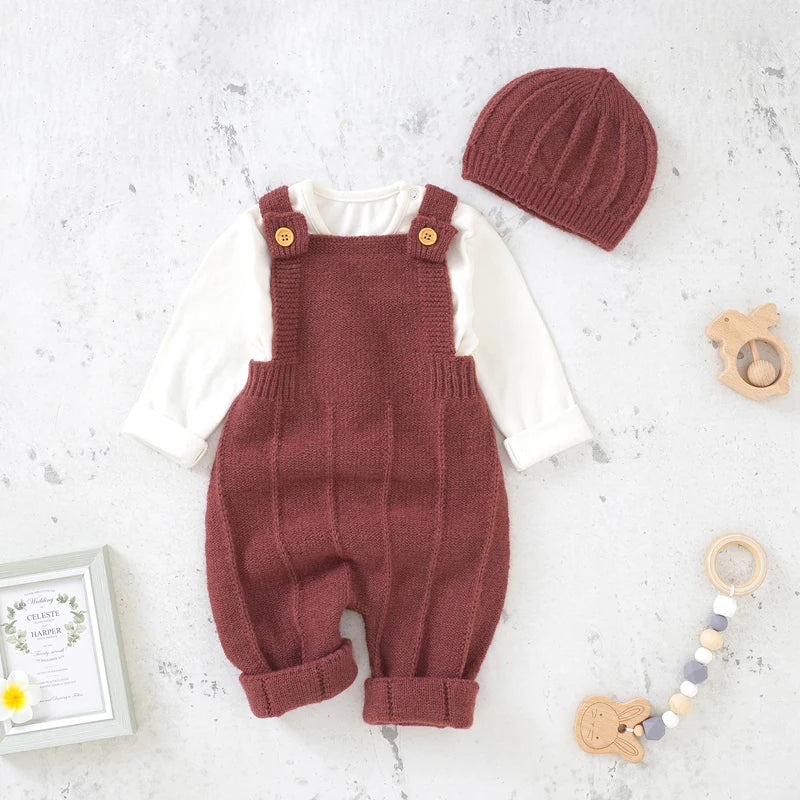 Knitted newborn rompers and hats set in maroon with wooden buttons and soft fabric for infants