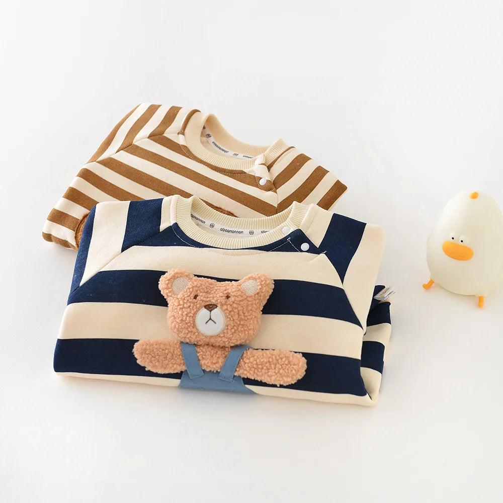 MILANCEL one piece baby suit featuring a striped design with bear plush detail, perfect for infants.