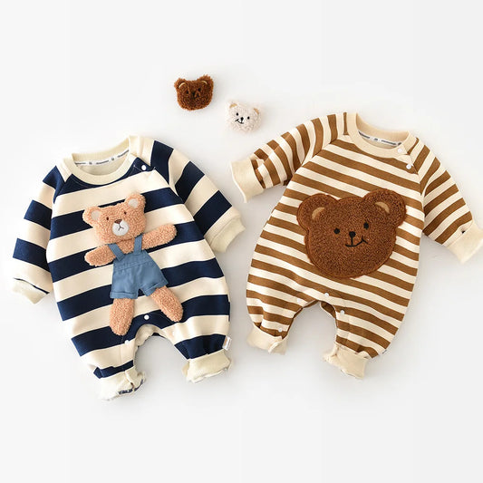 MILANCEL one piece baby suit in striped design with bear detailing for infant boys and girls, perfect for cozy wear