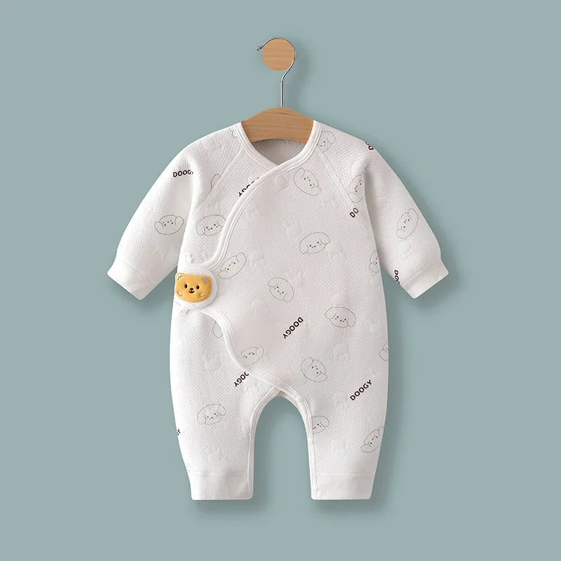 Soft white newborn long sleeve pajamas with cute animal print for infant comfort and warmth