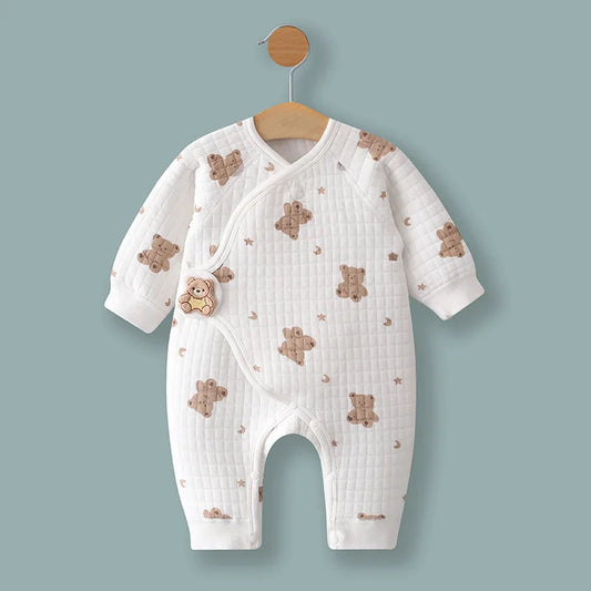 Newborn long sleeve pajamas in white with cute teddy bear print, perfect for babies 0-6 months