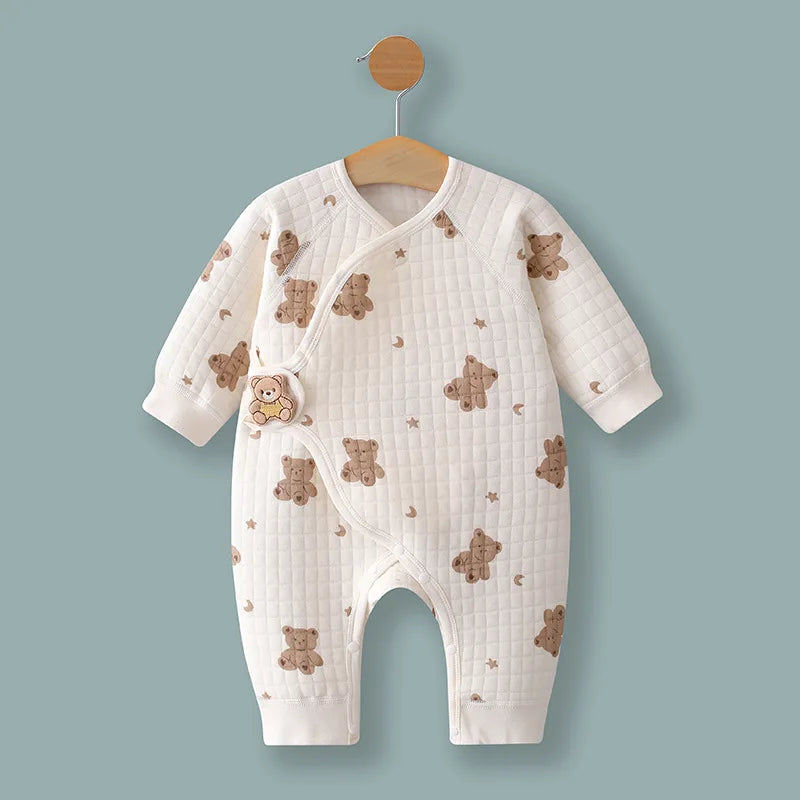 Soft white newborn long sleeve pajamas with teddy bear print for 0-6 months infants