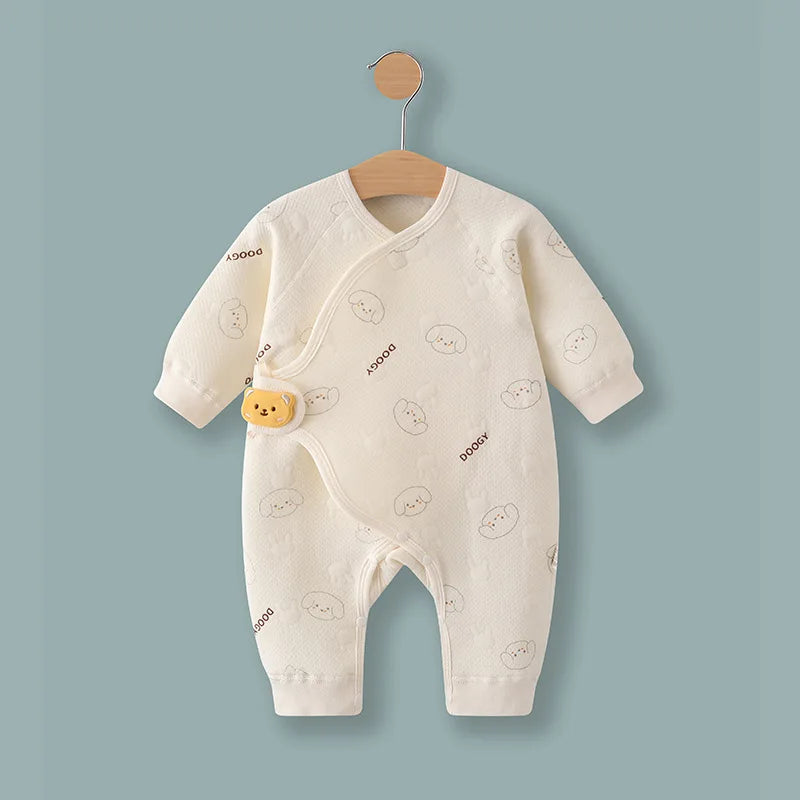 Cream newborn long sleeve pajamas with cute animal print, perfect for infants aged 0-6 months