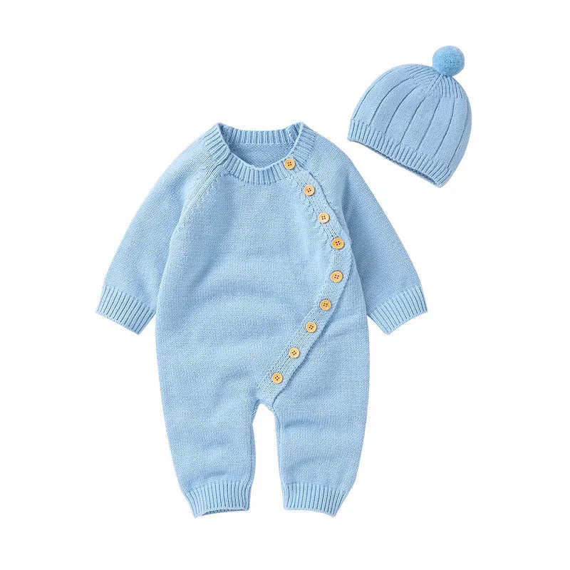 BORA newborn long sleeve romper with hat set in light blue, featuring button details for a cozy look